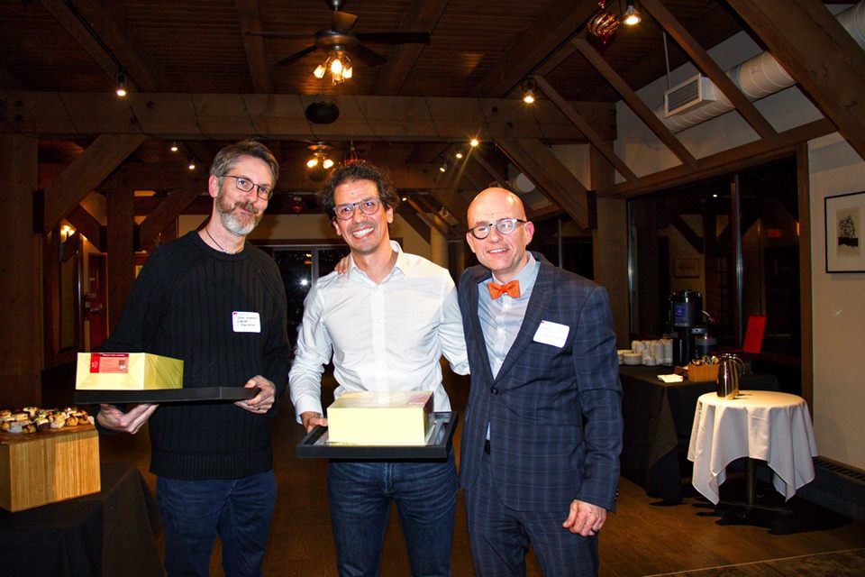 Juan Pablo Alperin (centre) at the Research Excellence Award ceremony with SFU Publishing Director John Maxwell and FCAT Associate Dean Stuart Poyntz 