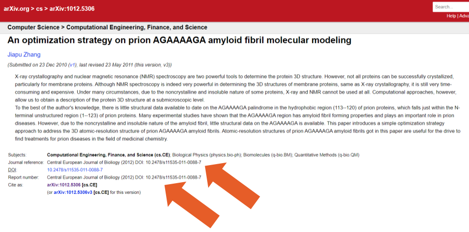 Example of DOI entered incorrectly on arxiv