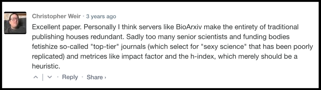 An example of a comment discussing the nature of the scholarly publishing system, found on a bioRxiv preprint