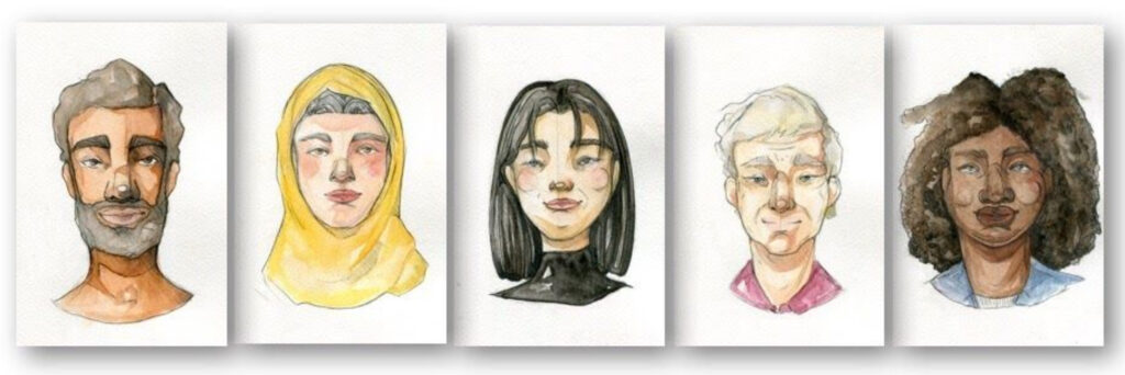 Five hand-drawn faces, representing the five researcher personas for the metrics literacies research project