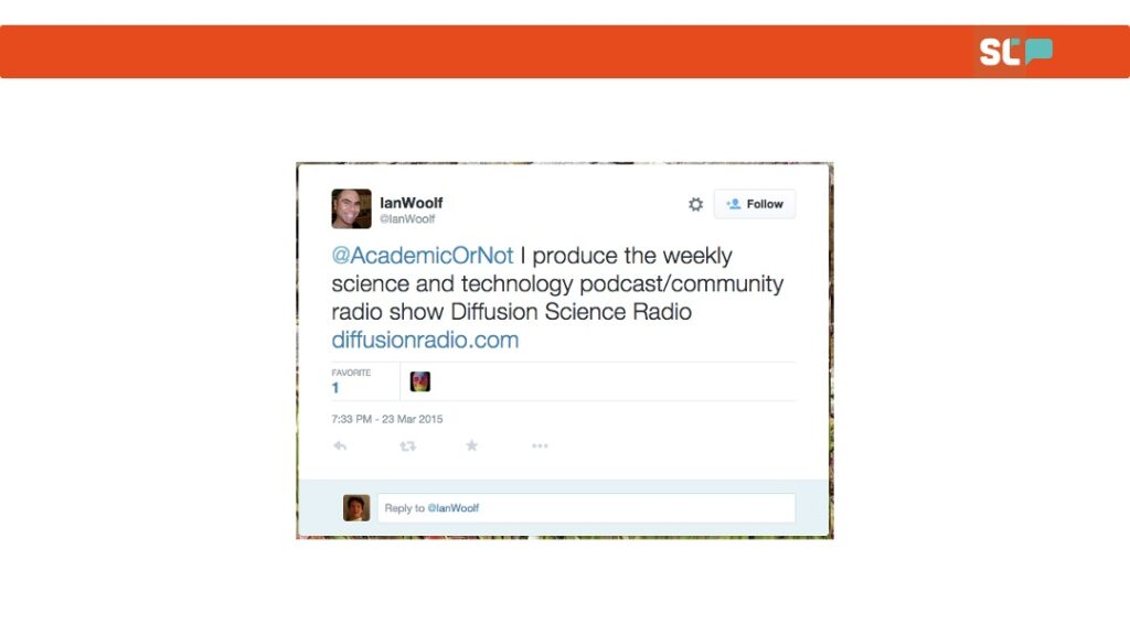 Example tweet from @IanWolf responding to Alperin's Twitter bot survey question. Text reads "I produce the weekly science and technology podcast/community radio show Diffusion Science Radio diffusionradio.com" 
