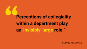 A survey respondent stated that "perceptions of collegiality within a department play an 'invisibly' large role."