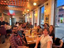 Members and colleagues of the ScholCommLab gather for dinner in Montreal.