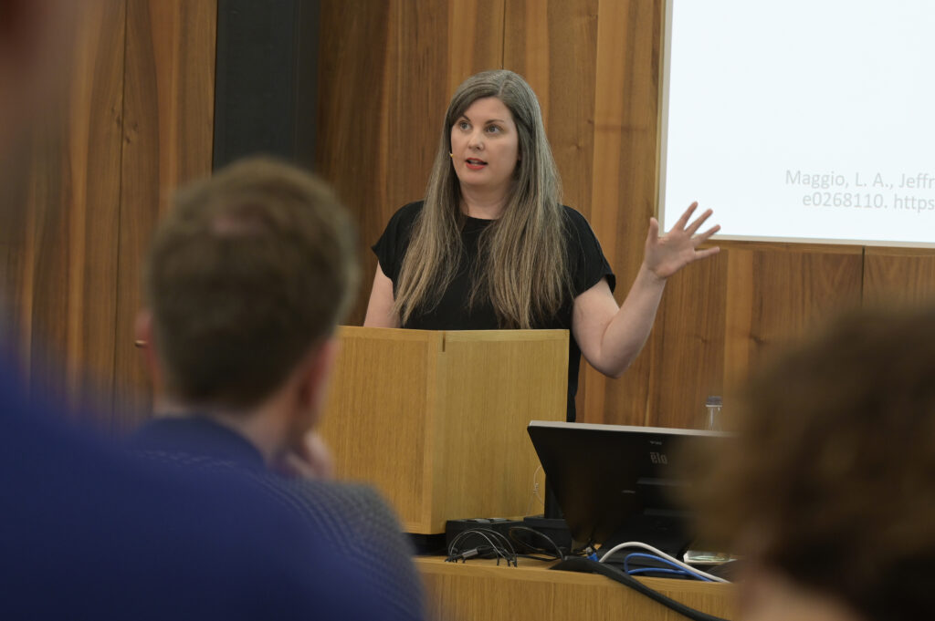 Dr. Stefanie Haustein speaks to attendees of the first Swiss Year of Scientometrics lecture